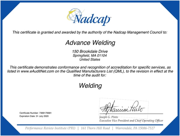 Advance Welding Nadcap Accreditation Certificate