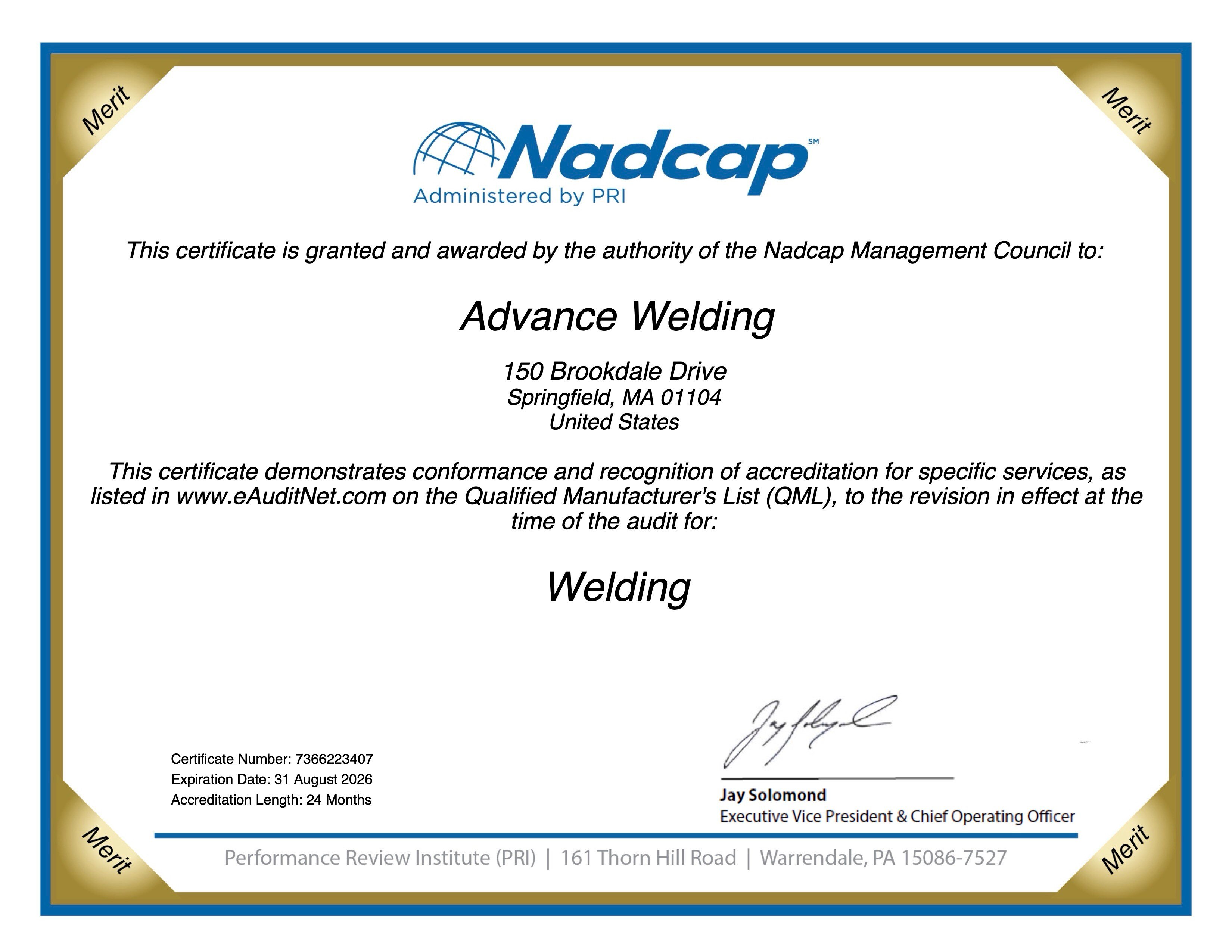 Advance Welding Renews their Nadcap Certification